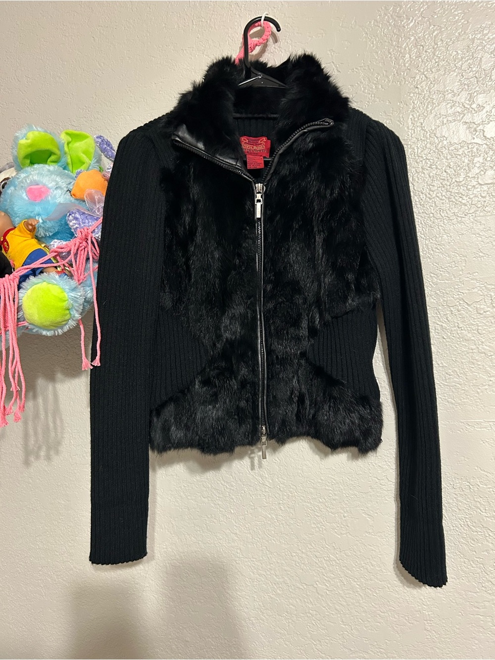 Y2K Paris Blues Black Ribbed Jacket - Rabbit Fur